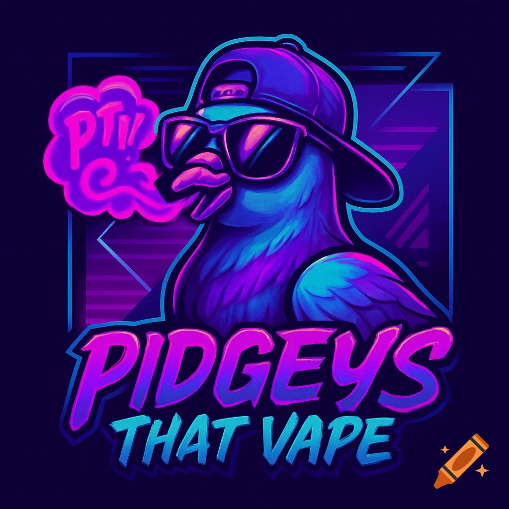Cartoon esports logo of a pigeon wearing sunglasses and a cap, exhaling a pink vape cloud. Text 'Pidgeys That Vape' in neon.