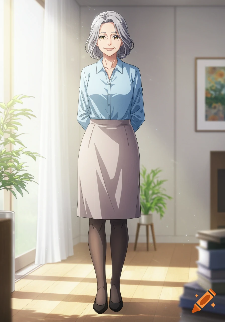 An anime portrait of a mature woman with silver hair, wearing a light blue blouse and skirt, smiling softly in a sunlit room.