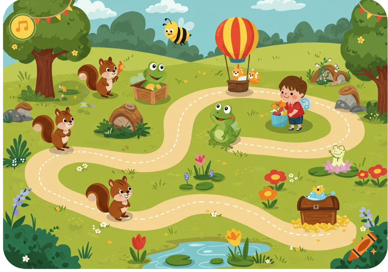 Cartoon illustration of a winding path through a field with a boy, squirrels, frogs, a bee, and a hot air balloon, on a practice skills mat.