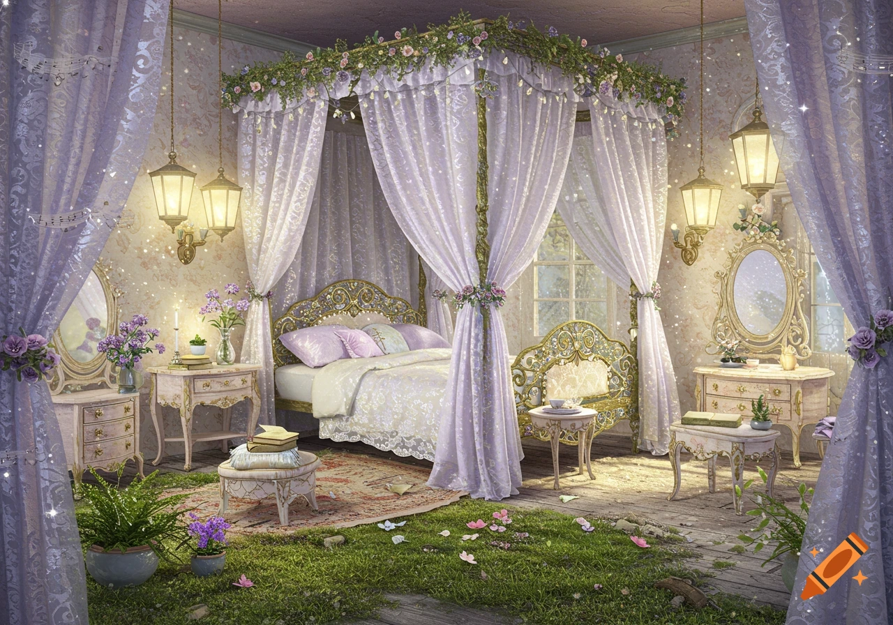 A whimsical, magical fairy bedroom with a four-poster bed, purple drapes, glowing lanterns, and grass on the floor with butterflies.