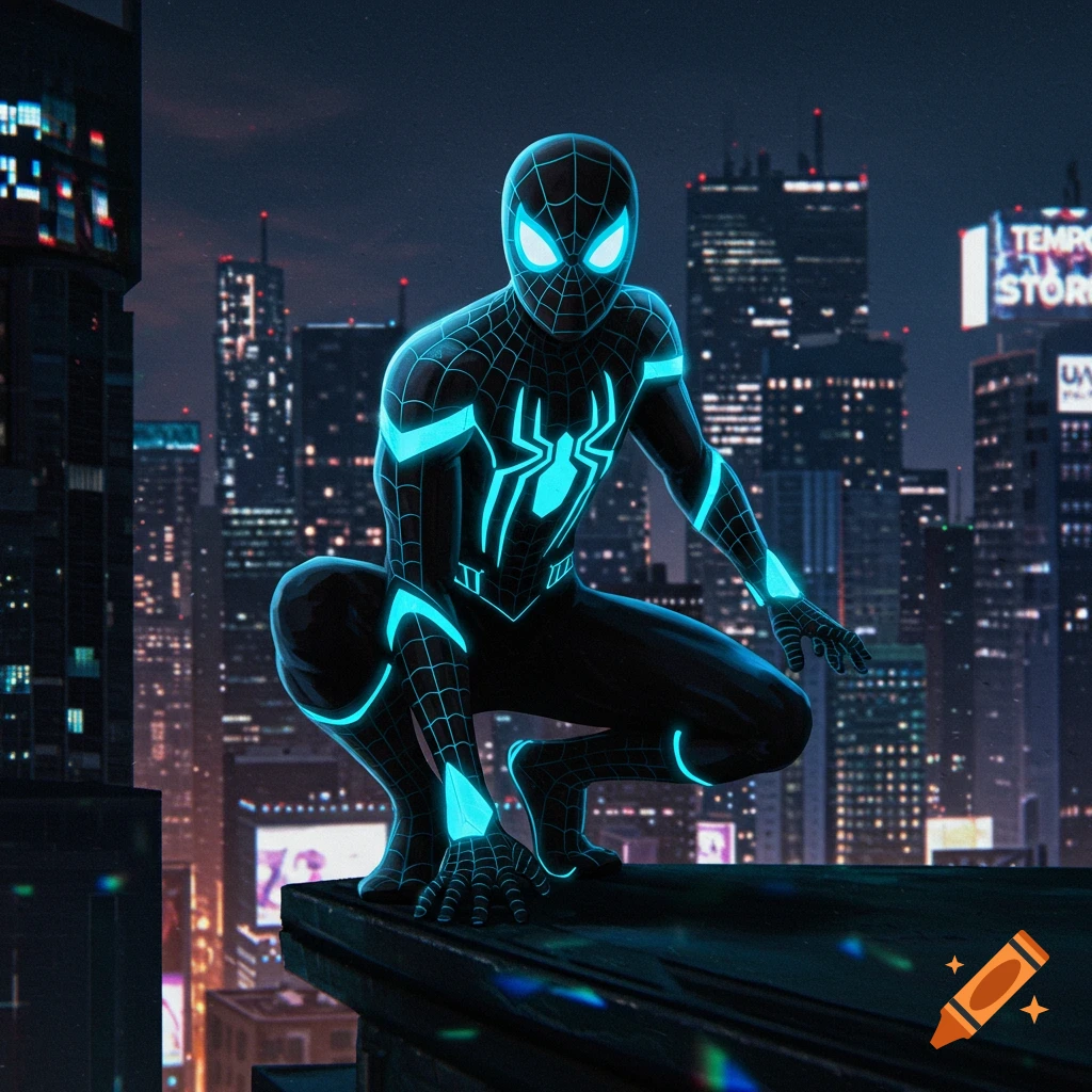 Spider-Man in a black suit with glowing blue lines, crouching on a rooftop overlooking a futuristic city at night.