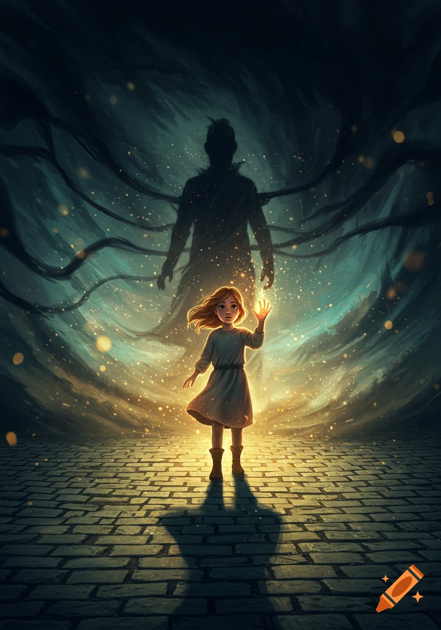Young girl holding a glowing light, standing on a stone path with a large shadowy figure looming in the dark background, mystical illustration.