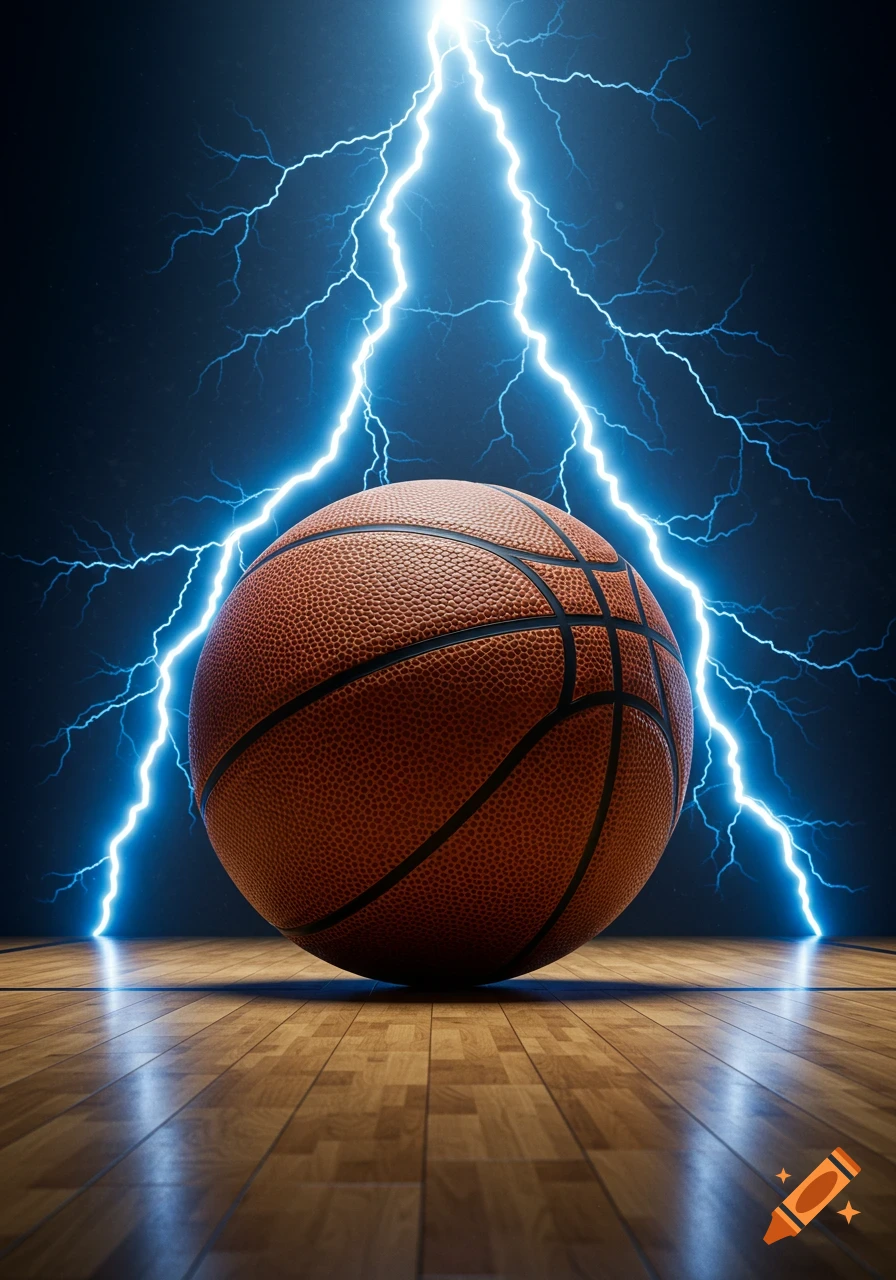 A textured basketball rests on a wooden indoor court under bright blue lightning striking from above against a dark background.
