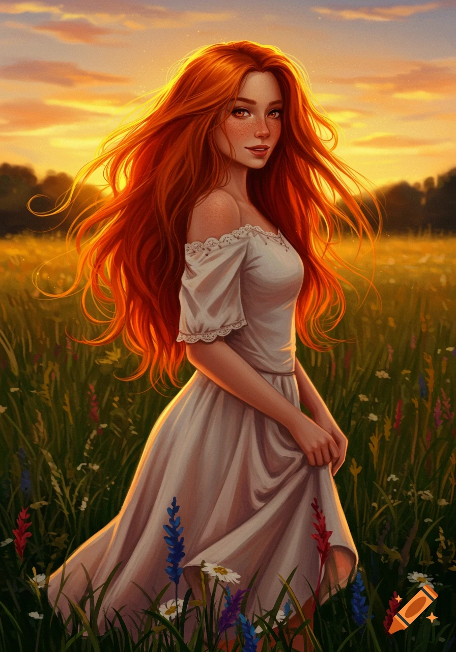 A red-haired woman in a white dress stands in a field of wildflowers at sunset, in an artistic illustration.