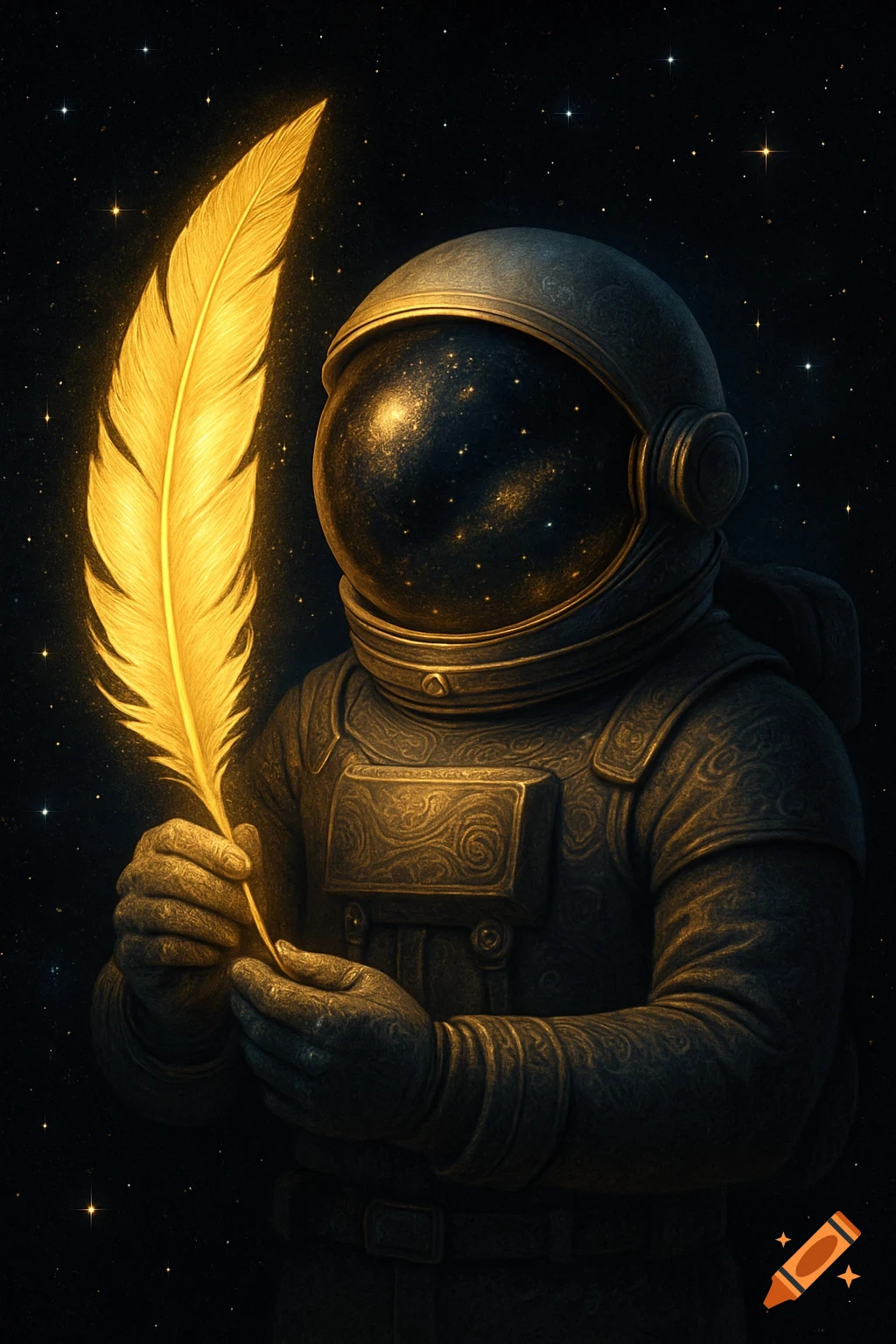 An astronaut in space holds a large, golden glowing quill against a starry black background.