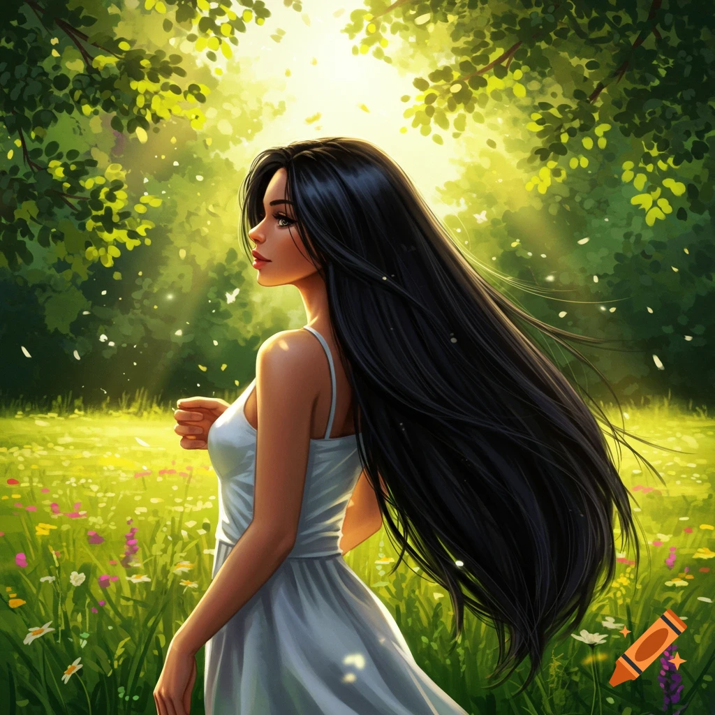 A young woman with long black hair in a white dress stands in a sun-dappled meadow with flowers, rendered in a digital art style.