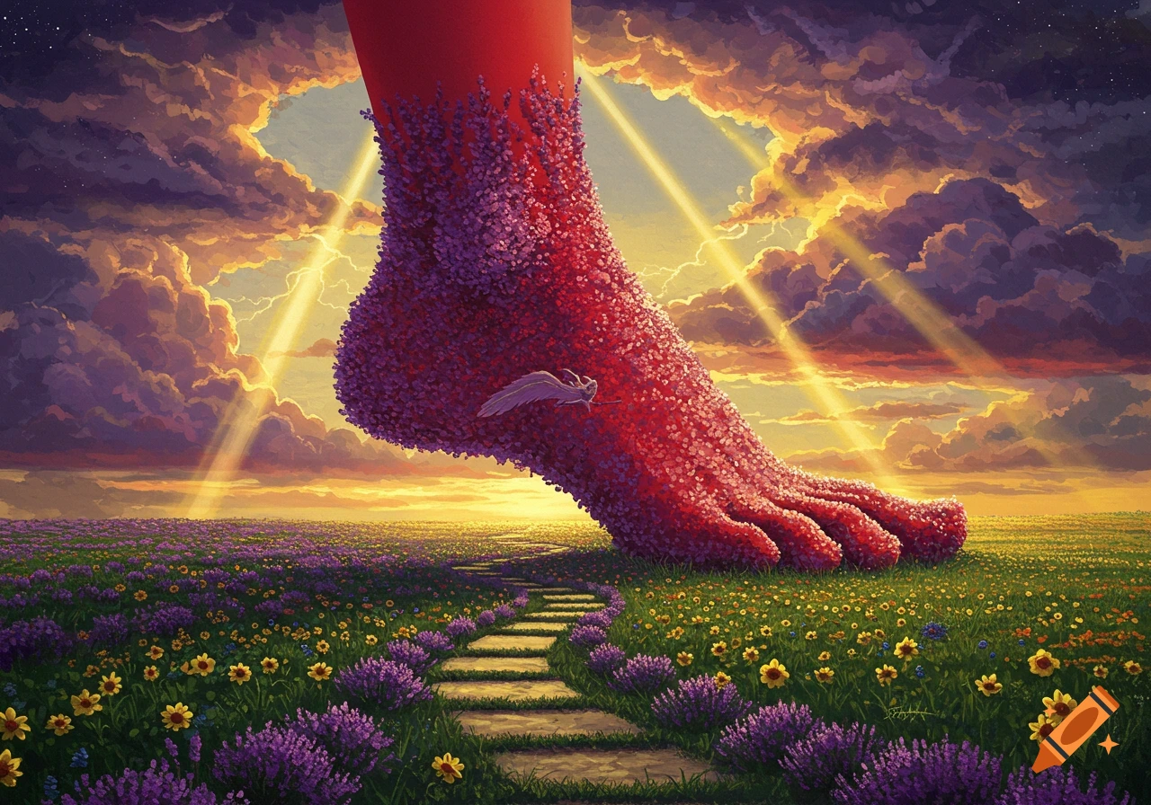 A giant, red, flower-covered foot stands in a field of lavender and sunflowers under a dramatic sunset sky with sunbeams.