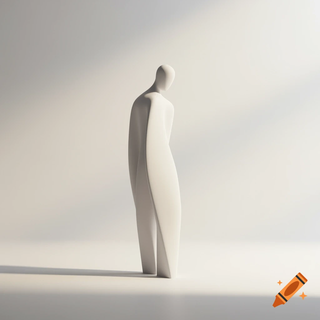 A minimalist white abstract sculpture of a person standing, viewed from the back, against a light background.