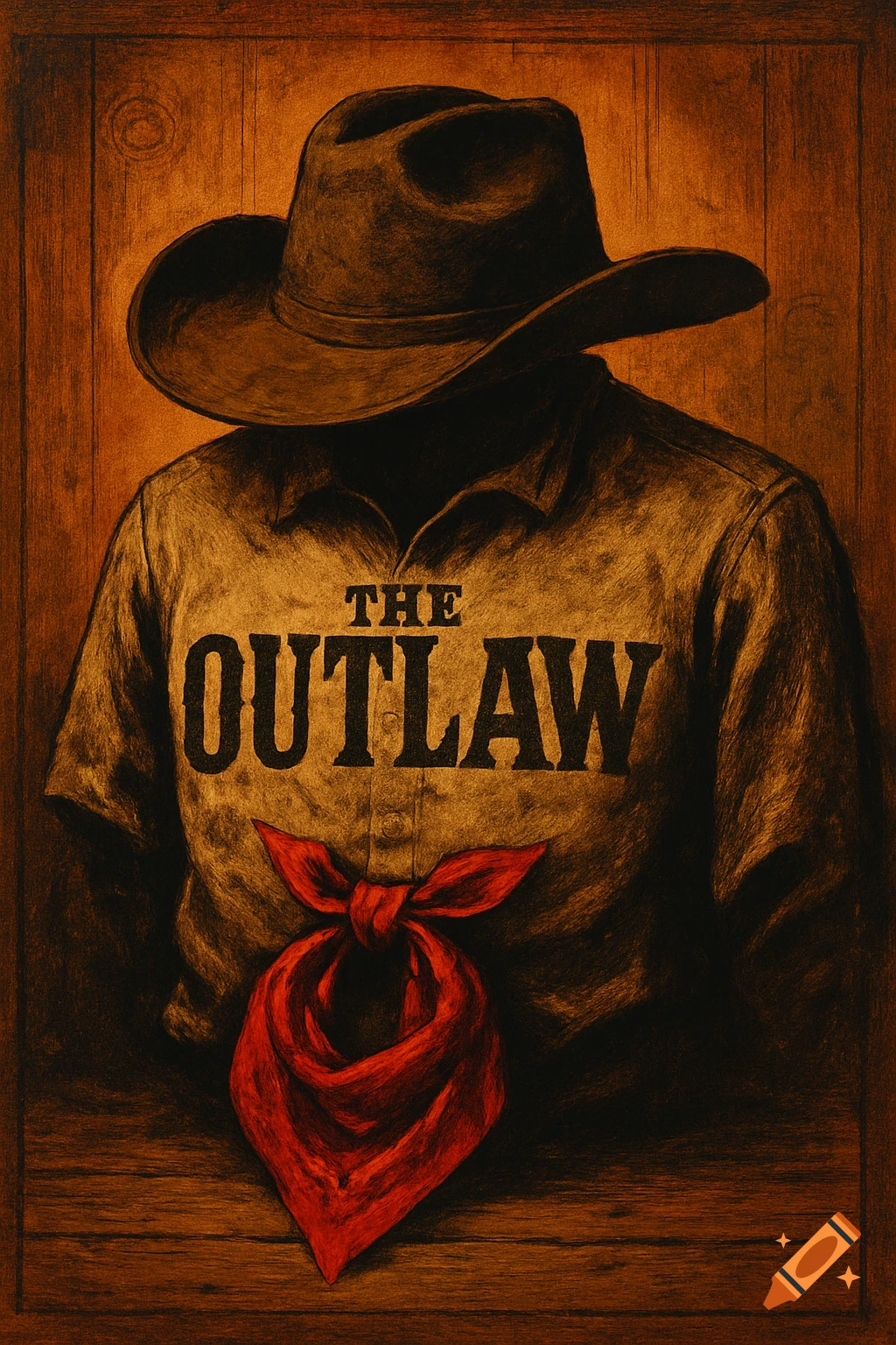 A dark, textured illustration of a cowboy hat and a shirt with a red bandana, displaying the text 'THE OUTLAW'.
