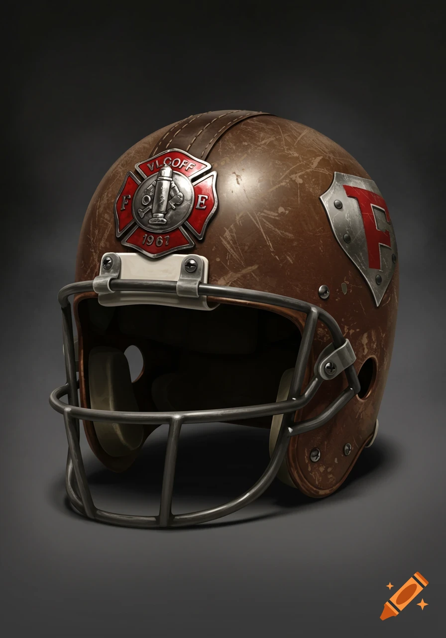 An old brown leather football helmet with a metal firefighter shield on the front.