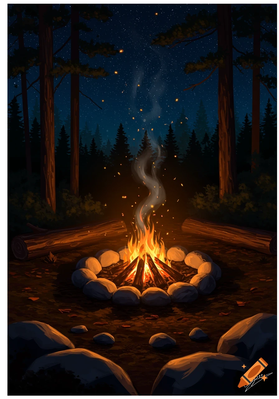 A vibrant campfire burns brightly in a stone ring in a dark forest under a starry night sky.