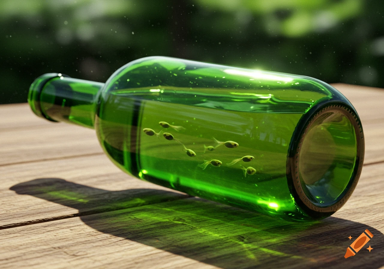 A green glass wine bottle lying on a wooden surface, filled with water and small tadpoles swimming inside, with a blurred green background.