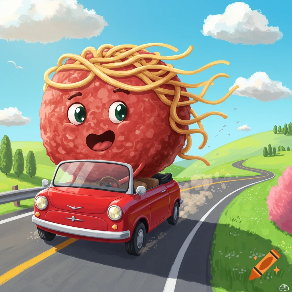 A happy cartoon meatball with spaghetti hair drives a red convertible on a winding road through a green landscape under a blue sky.