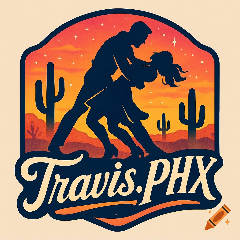 Logo featuring silhouetted dancers in a desert sunset with cactuses and stars, text reads Travis.PHX.