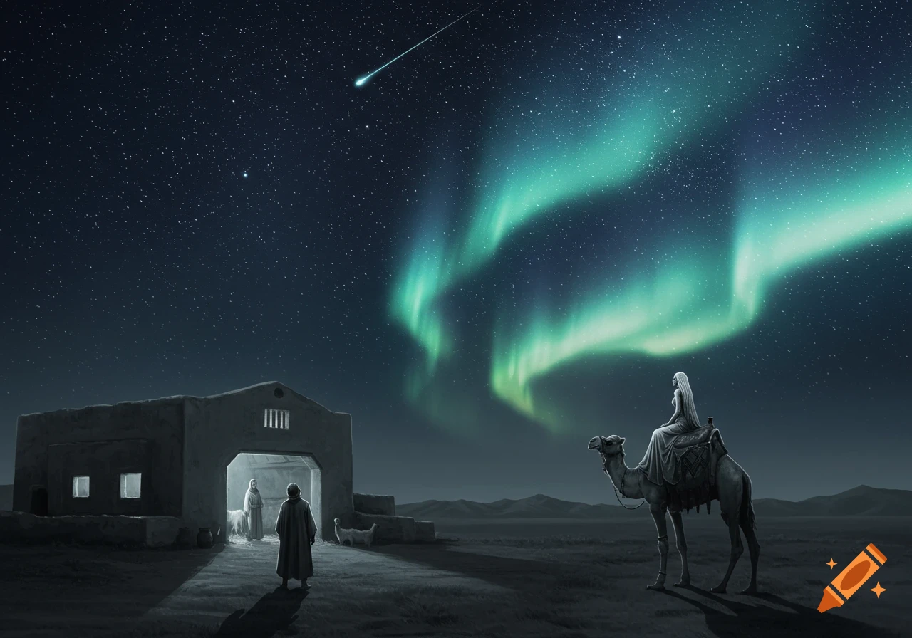 A figure on a camel looks up at a vivid green aurora and shooting star over a barren landscape, with a stable and robed figures nearby at night.