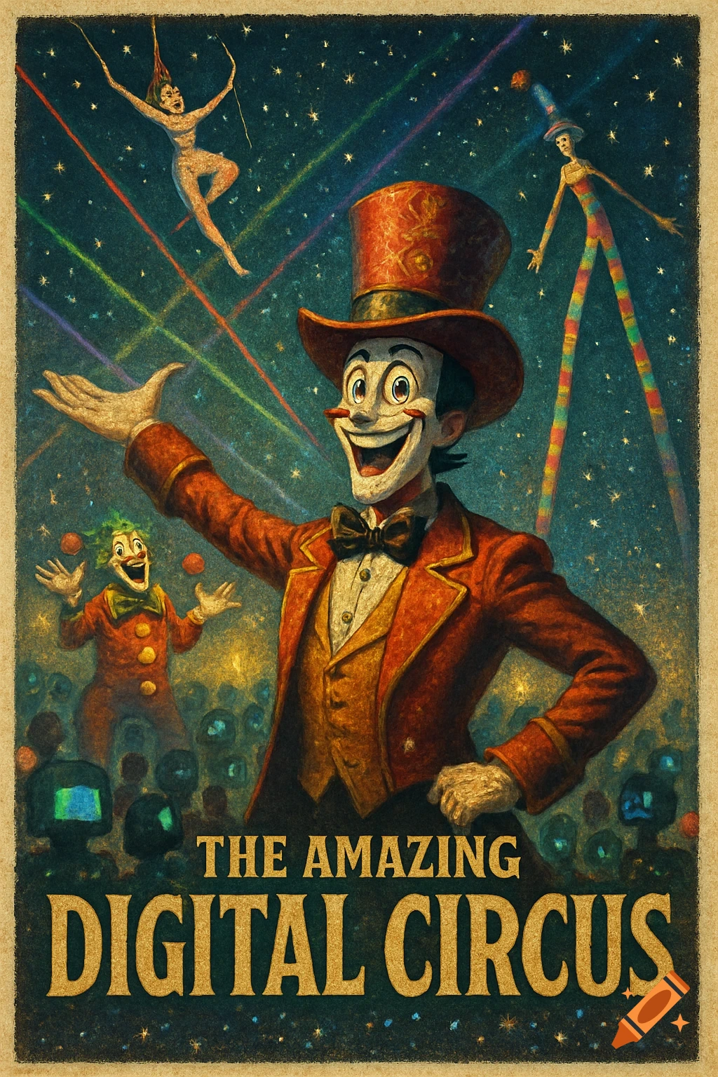 A vintage-style poster for 'The Amazing Digital Circus' featuring a smiling ringmaster, a clown, and other performers against a starry background.