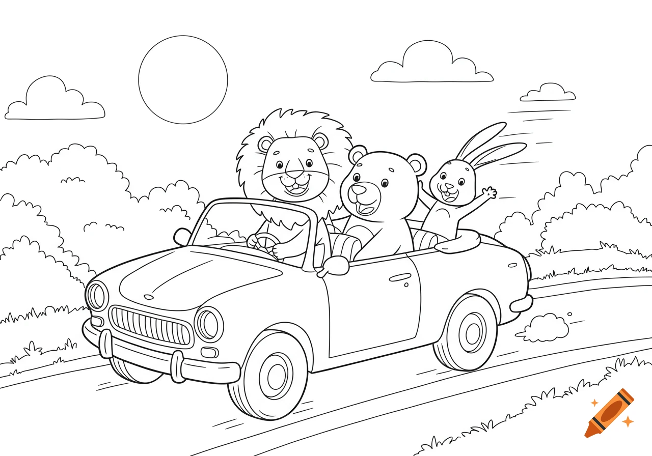 A black and white coloring page showing a cartoon lion driving a convertible car with a bear and a rabbit on a road.