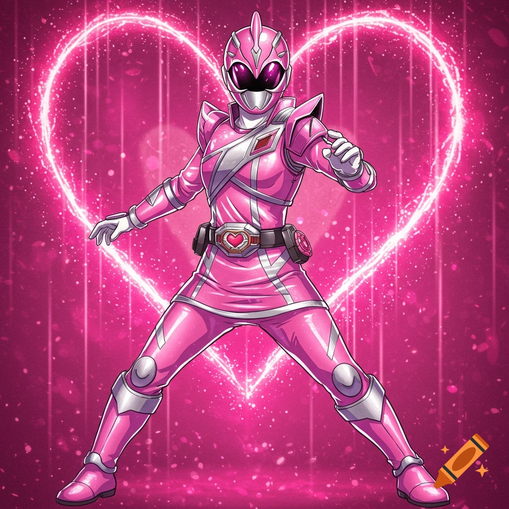 A pink Super Sentai character in a dynamic stance against a pink background with sparkling hearts.