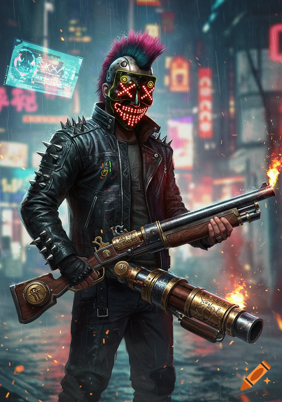 A cyberpunk character with a spiked leather jacket, mohawk, and glowing LED mask stands in a rainy city, holding a futuristic blunderbuss.