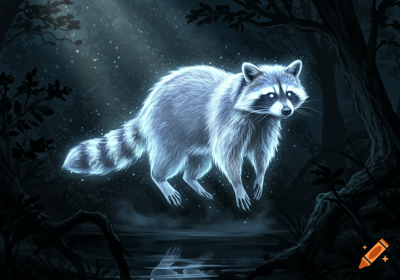 A glowing, ethereal raccoon floats in a dark, mystical forest with light particles in the air.