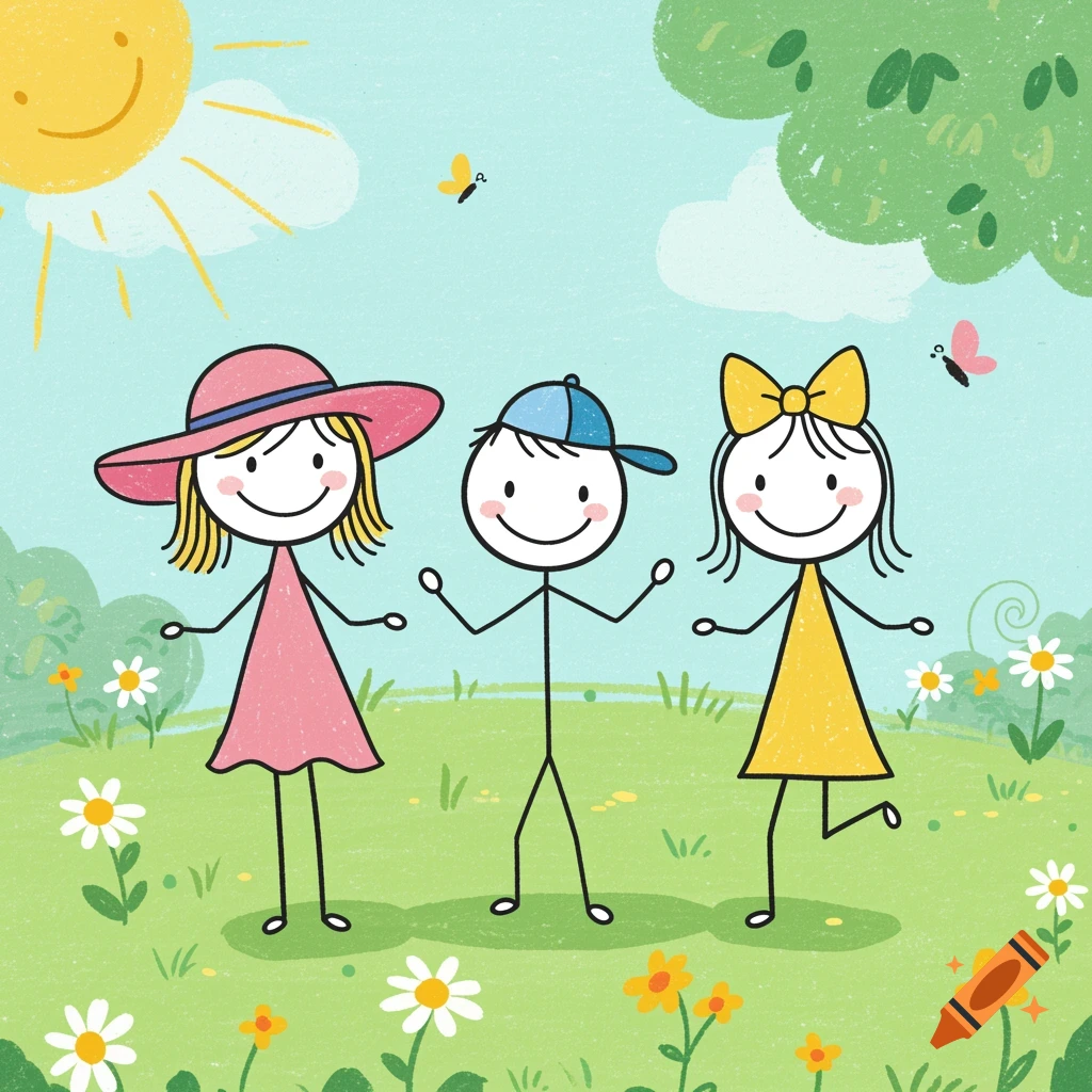 A colorful doodle illustration of three happy stick figures, two girls and a boy, playing in a sunny green park with flowers and butterflies.