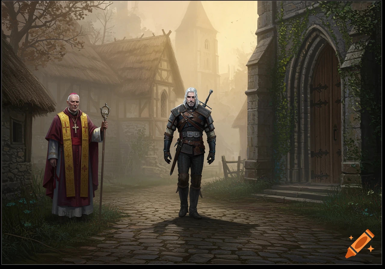 A fantasy illustration of a white-haired Witcher-like man walking past a robed priest on a cobblestone path in a misty medieval village.
