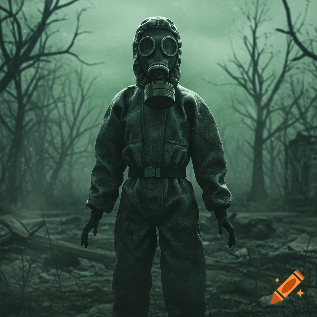 A person in a full hazmat suit and gas mask stands in a desolate, misty forest with bare trees and debris.