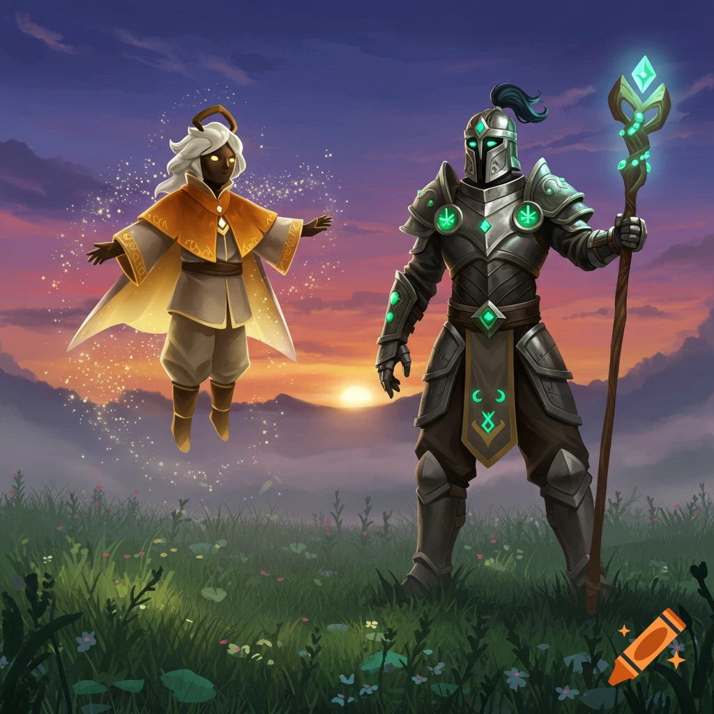 Two fantasy characters in a grassy field at sunset, one floating with a halo, the other a knight with a staff.