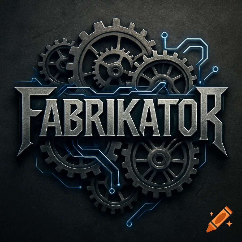 A metallic, industrial-style logo with the word FABRIKATOR in a bold font, surrounded by dark gears and glowing blue circuit lines.
