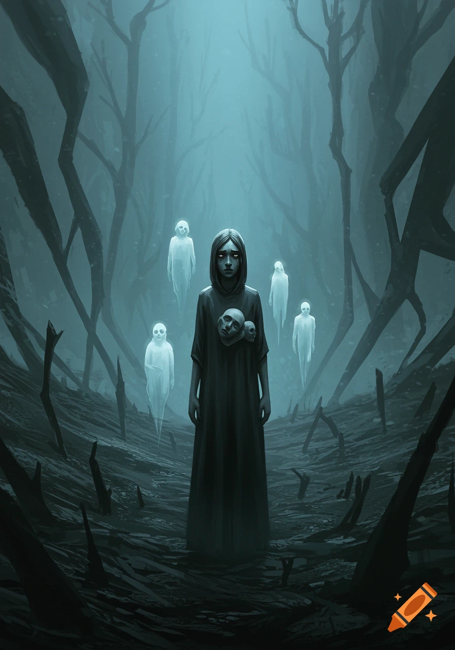 A solemn woman in a dark dress stands in a desolate, misty forest surrounded by spectral white ghosts, with skull-like objects on her chest.