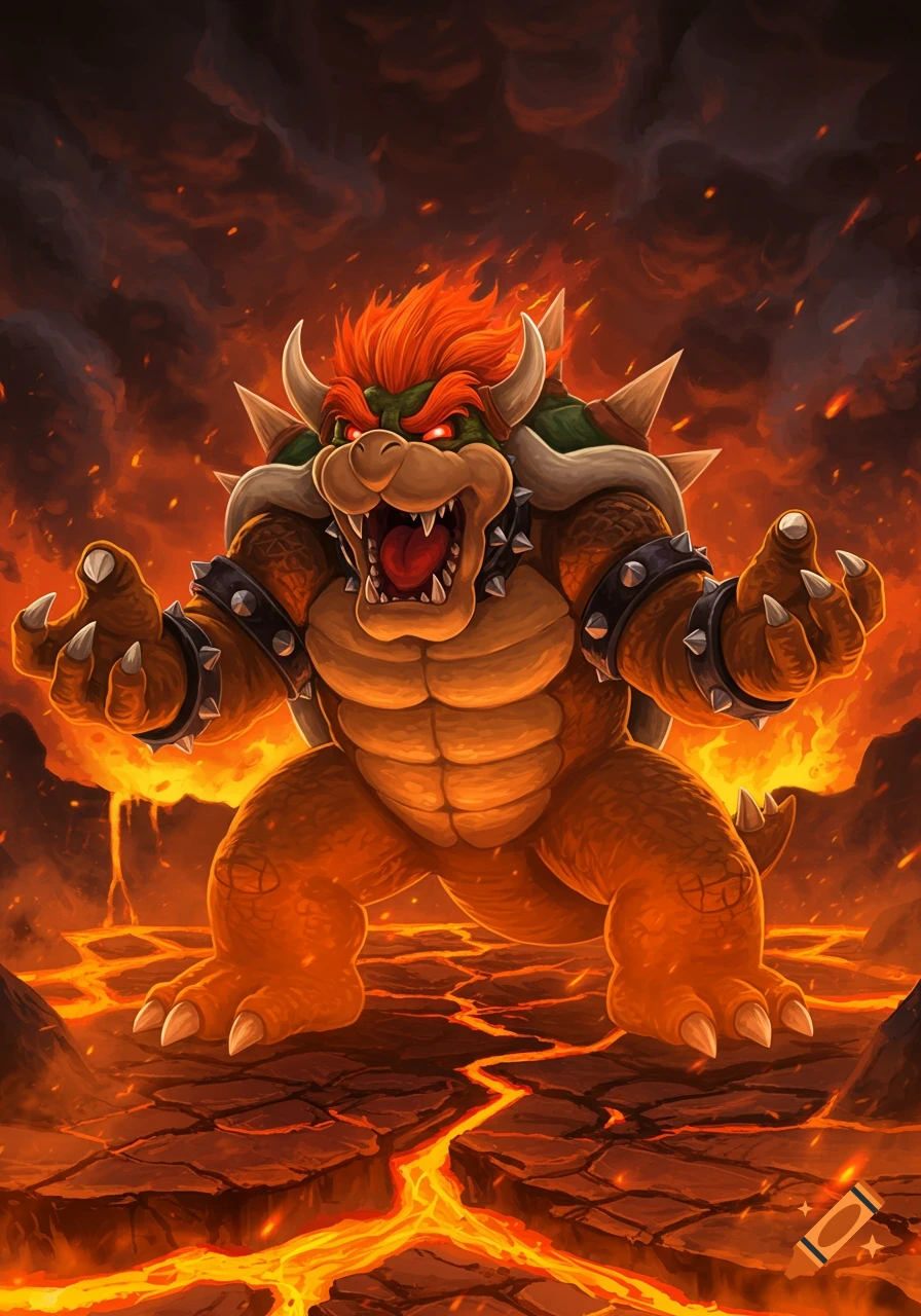 Angry Bowser stands roaring in a fiery, lava-filled landscape, with glowing red eyes and spiky shell.