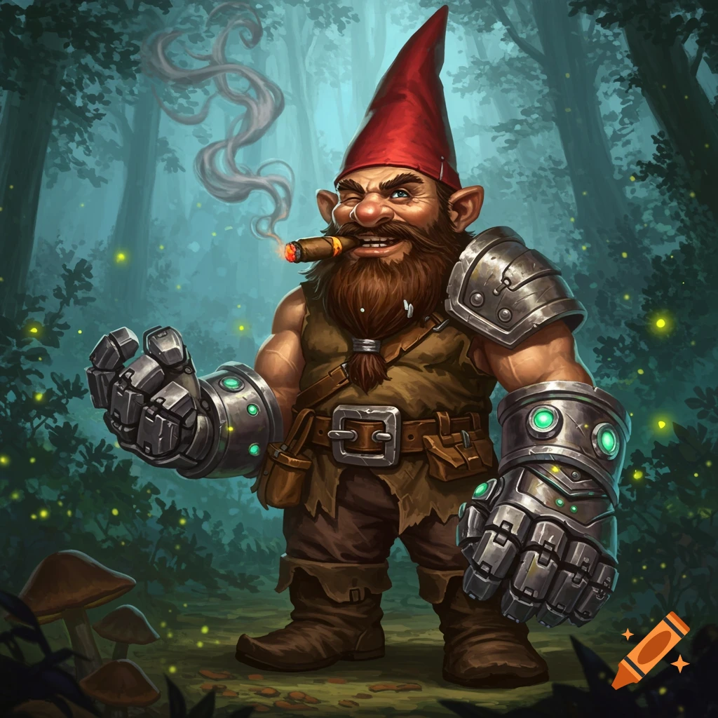 A muscular gnome with a red hat and power gauntlets winks while smoking a cigar in a misty forest with fireflies.