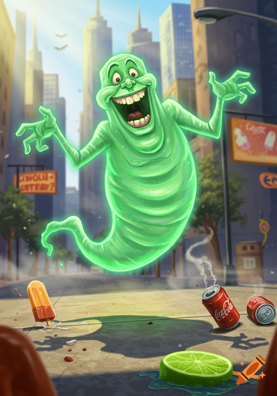 A cheerful, green cartoon ghost floats over a city street, with a melting orange popsicle, a lime slice, and spilled Coca-Cola cans on the pavement below.