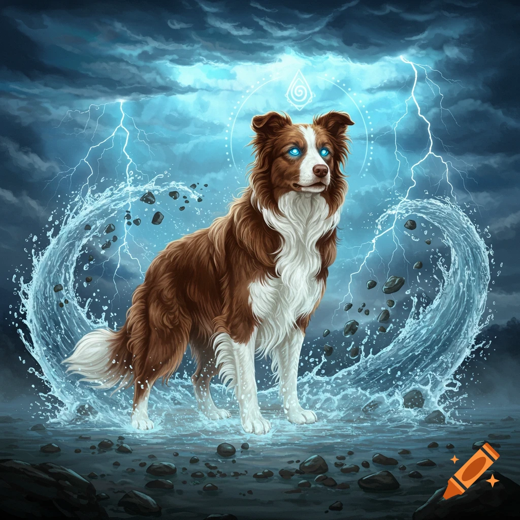 A brown and white Border Collie with glowing blue eyes, surrounded by swirling water and lightning under a stormy sky.