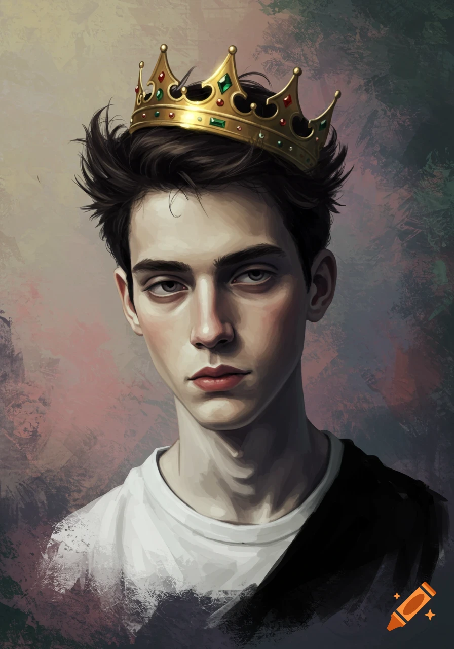 Portrait of a young man with an apathetic expression, wearing a golden crown, in a painted style.