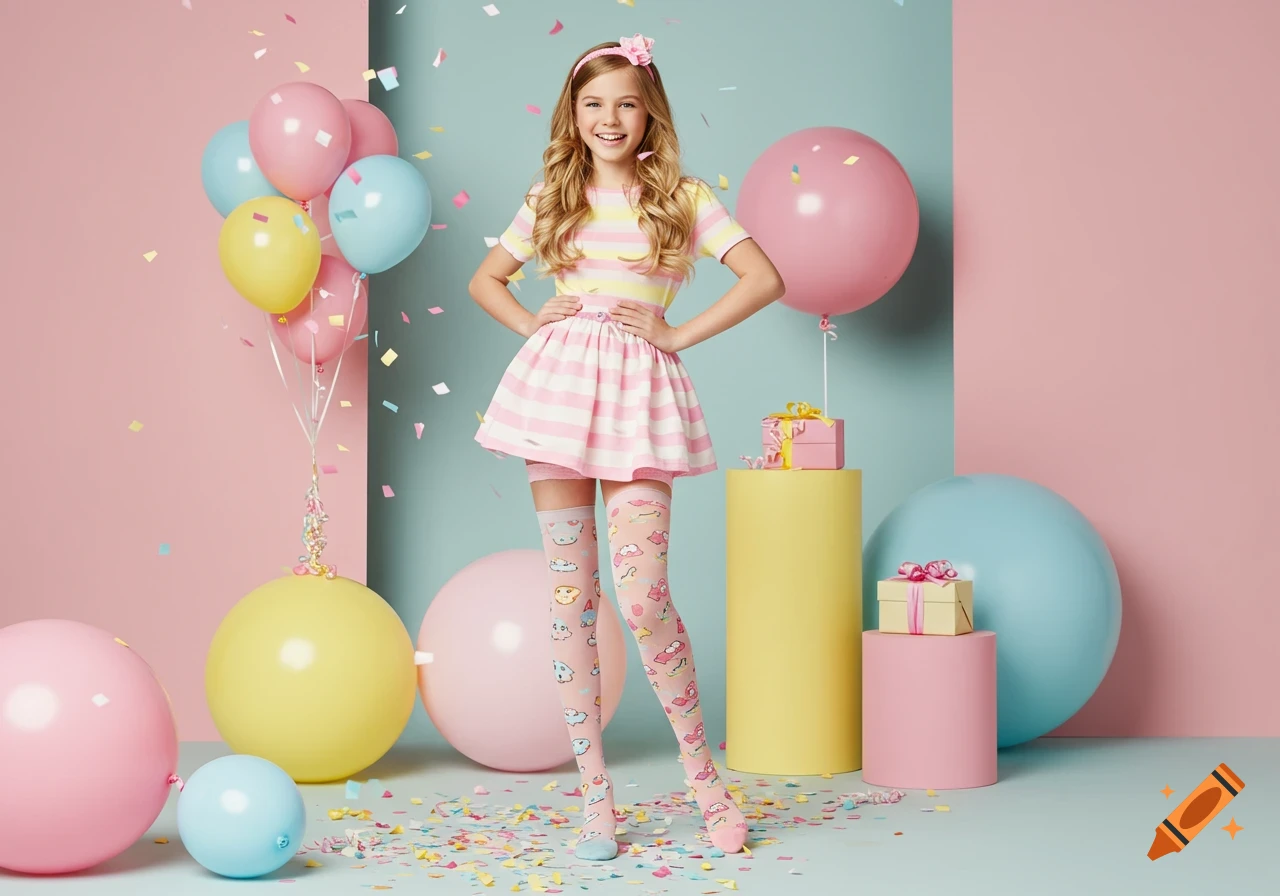 A smiling young girl in a pink and white striped outfit and patterned stockings stands among pastel balloons and confetti.