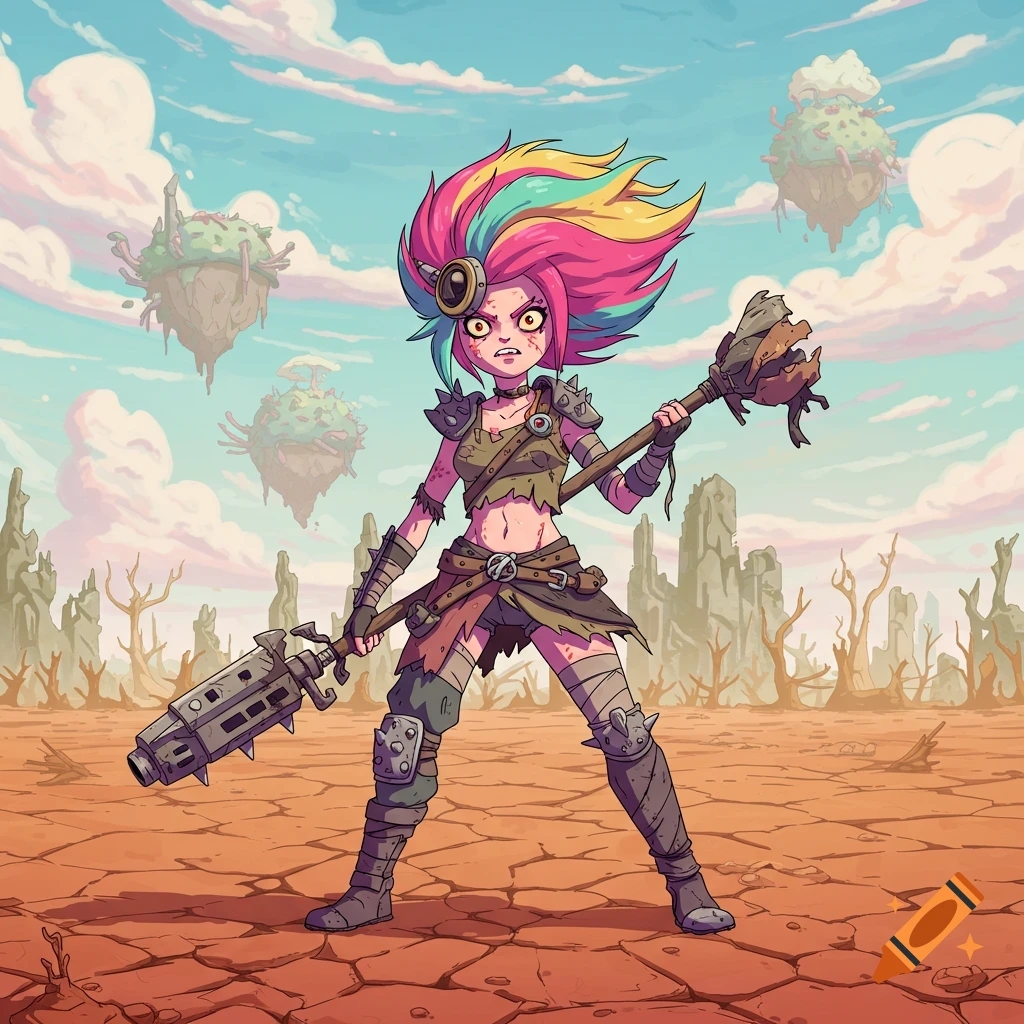 A stylized post-apocalyptic raider girl stands defiantly in a cracked desert under floating islands, in an Adventure Time-like cartoon style.