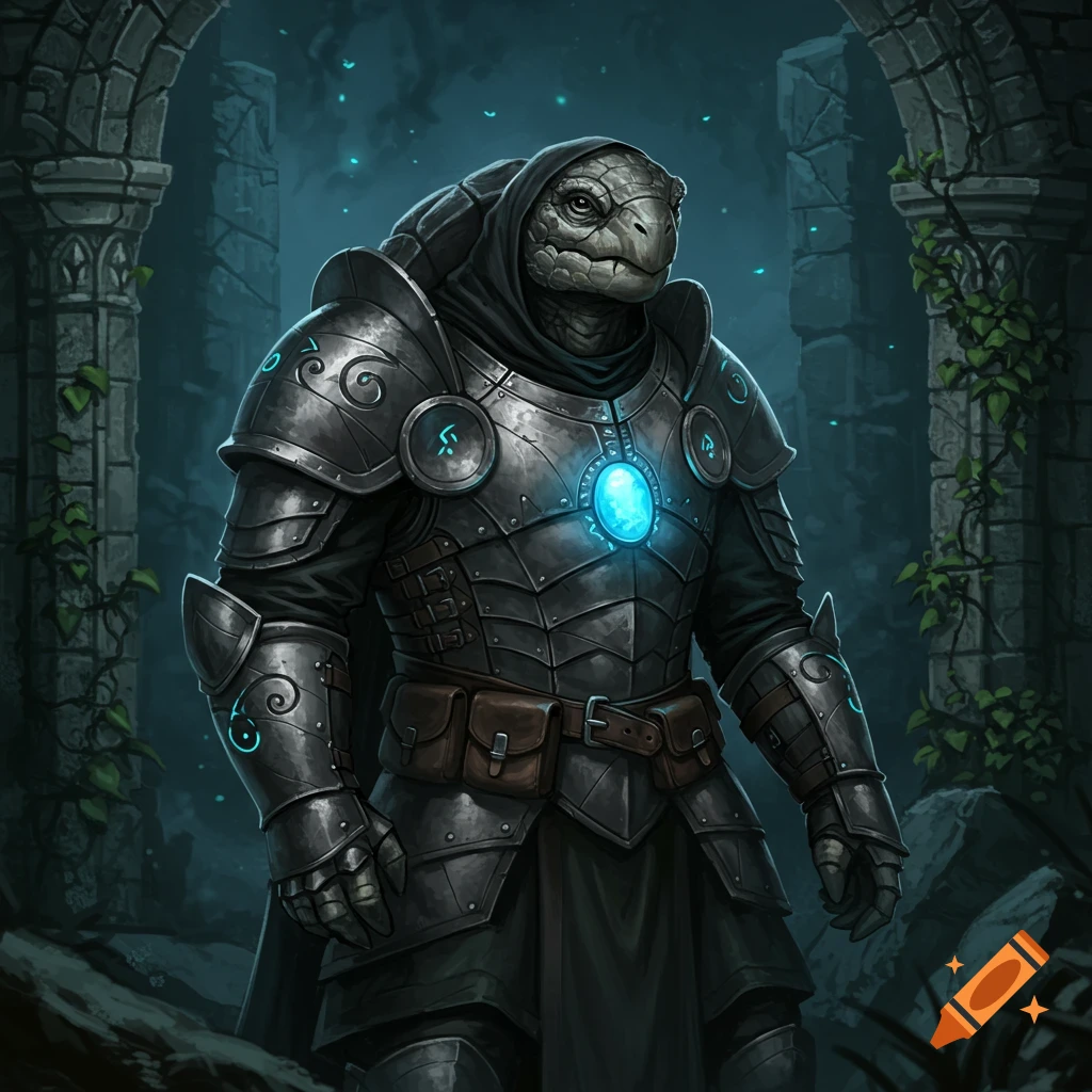 A tortle artificer in dark, ornate arcane armor with glowing blue accents stands in ancient ruins.
