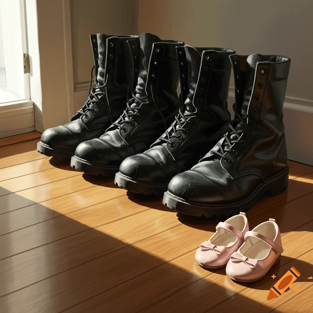 Four pairs of black military boots and small pink shoes sit on a sunlit wooden floor near a window.