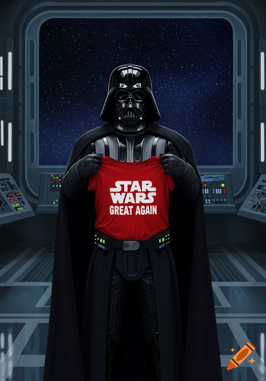 Darth Vader stands in a spaceship holding a red t-shirt that reads 'STAR WARS GREAT AGAIN' against a starry window.