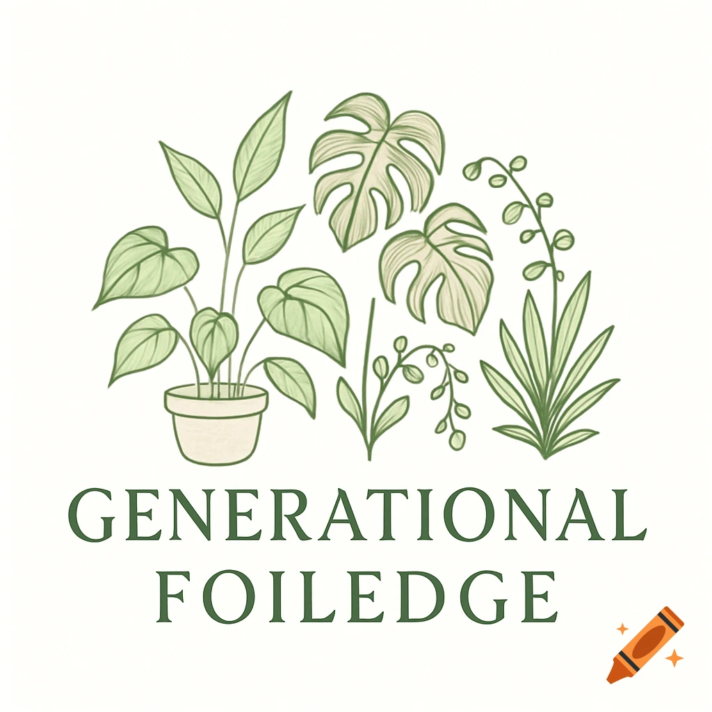 A logo featuring green illustrated houseplants in various shapes and a pot, with the text 'GENERATIONAL FOILEDGE' below them.