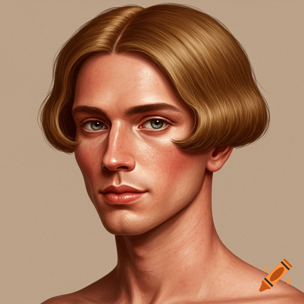 Close-up digital painting of a young man with blonde bob-cut hair, blue eyes, and flushed cheeks, looking directly at the viewer.