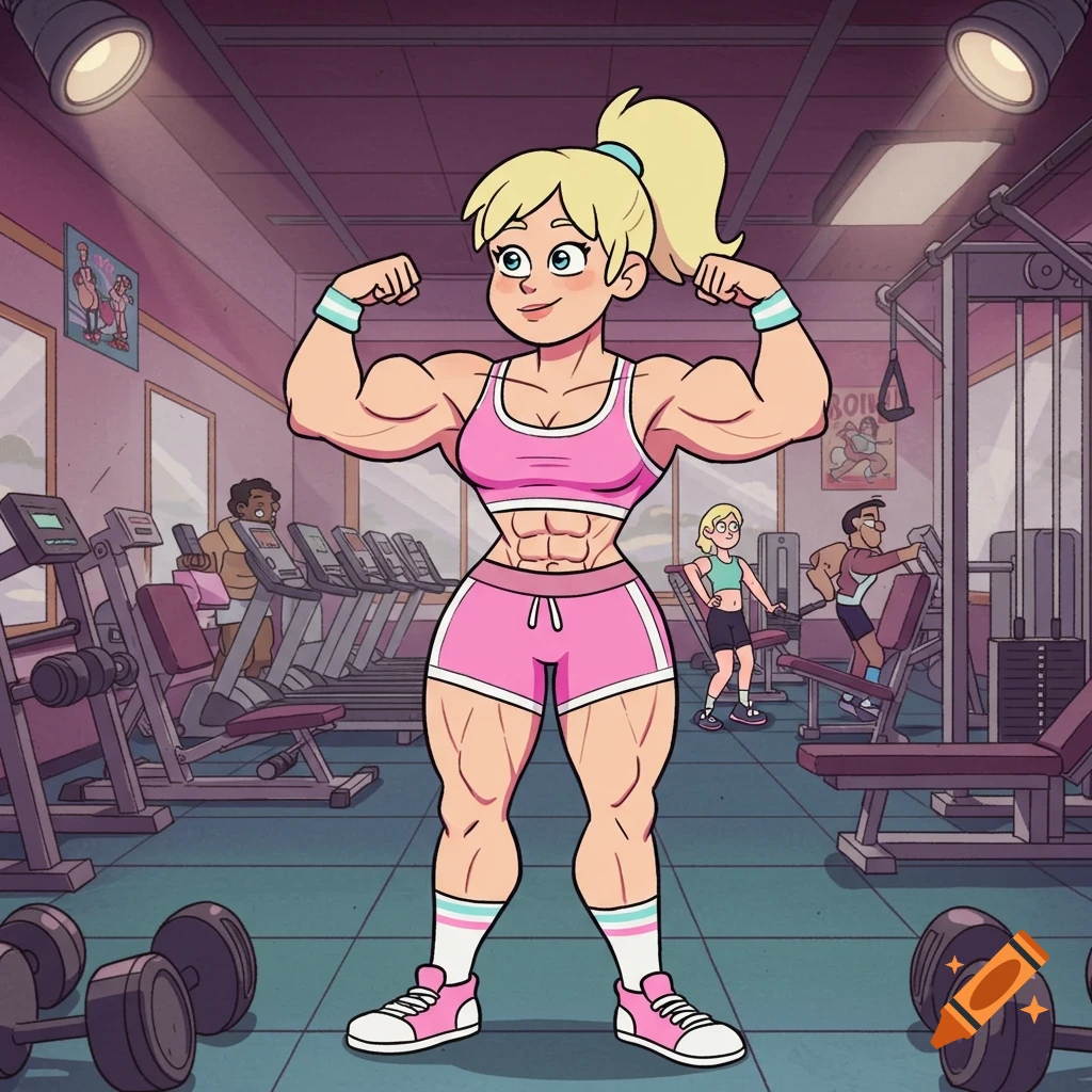 A cartoon woman with a blonde ponytail and muscular arms in a pink sports bra and shorts flexes at a gym.