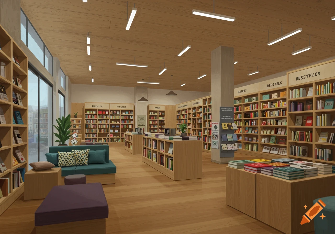 A wide interior view of a modern bookstore featuring wooden shelves filled with books, a teal sofa, and large windows.