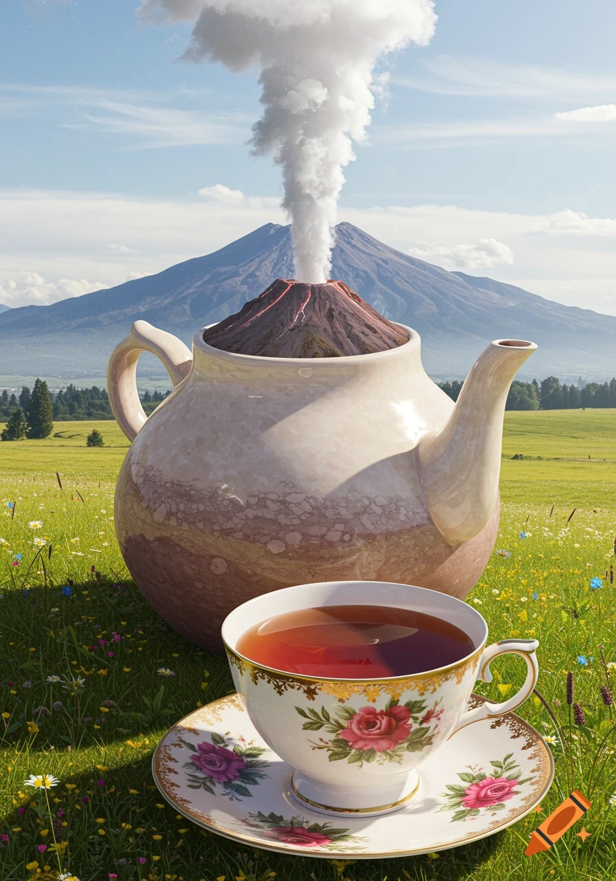 Photorealistic surreal image of a volcano-shaped teapot smoking, next to a teacup of tea in a green meadow with mountains.