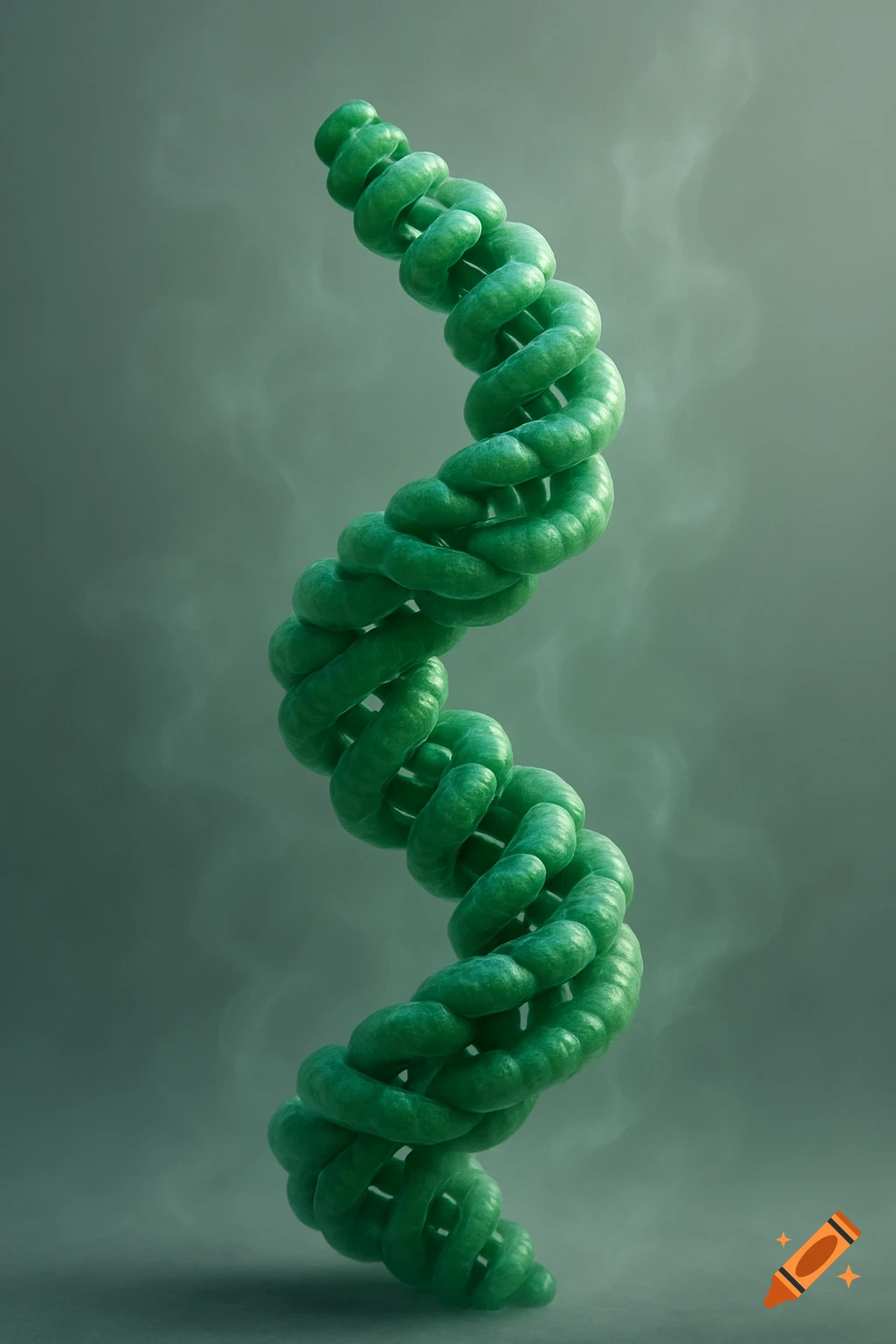 A vibrant green, textured, spiraling double helix against a soft, muted grey-green background.