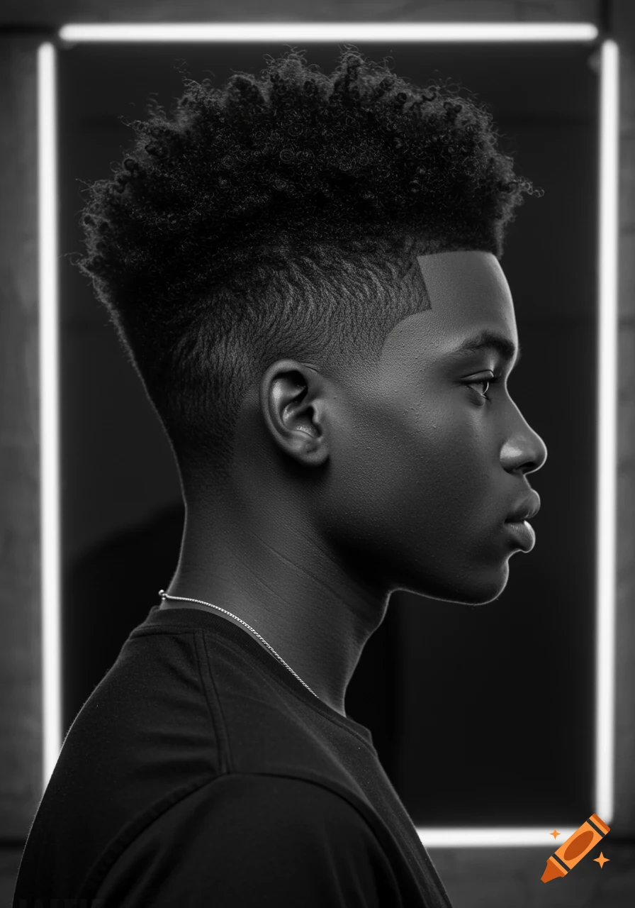 Black and white profile portrait of a young man with a buzz cut taper fade and textured hair.