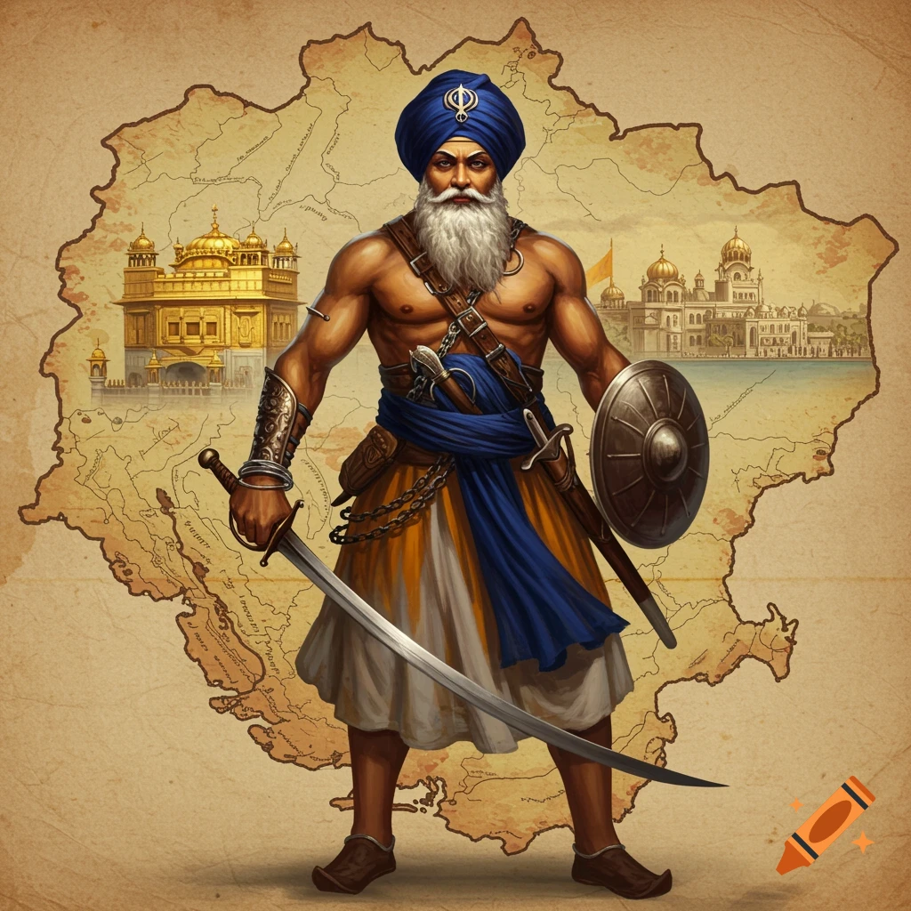A muscular warrior in a blue turban and traditional attire stands against a map of Punjab, holding a sword and shield, with the Golden Temple in the background.