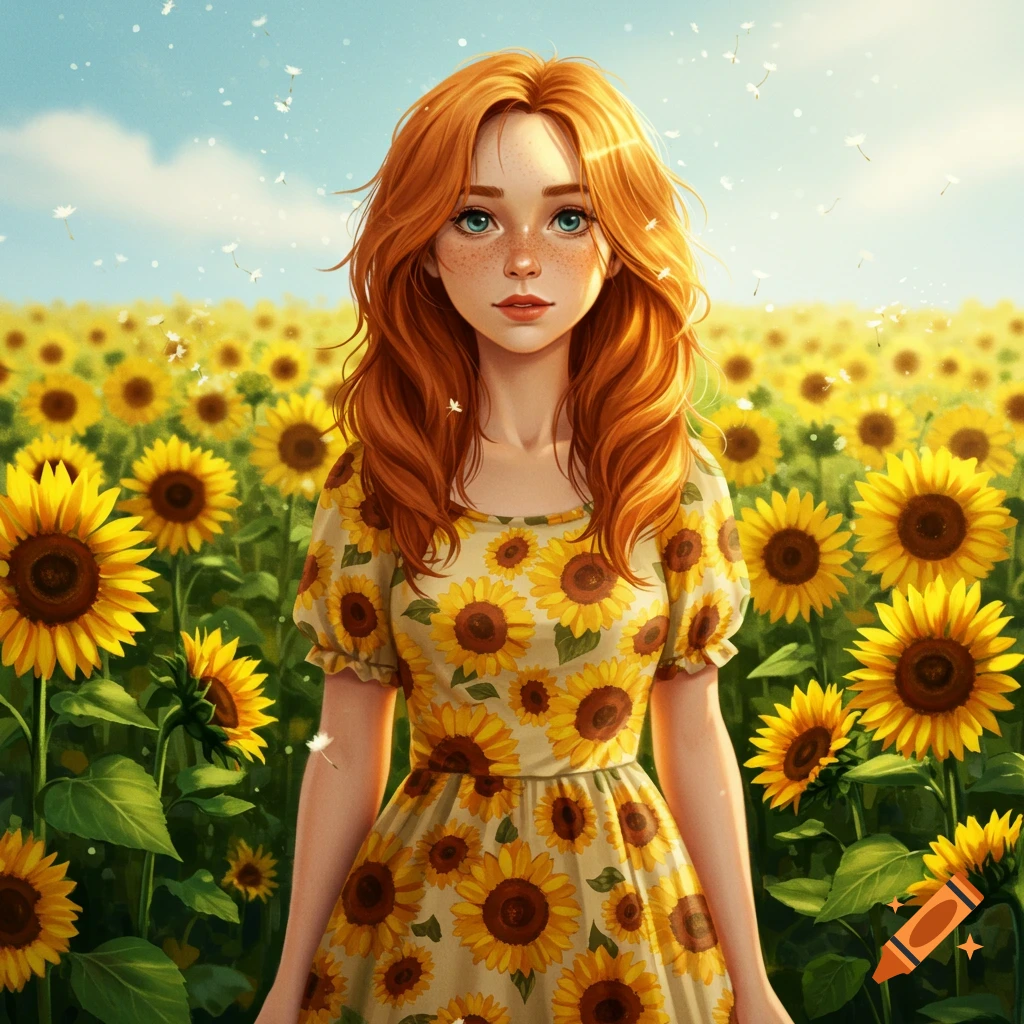 A cute redhead girl with long hair, freckles, and blue eyes stands in a field of sunflowers wearing a sunflower-patterned dress. The sky is bright blue with white flecks.
