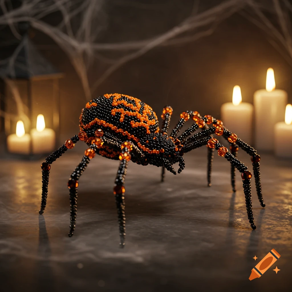 Photorealistic image of a black and orange beaded spider in a spooky Halloween setting with lit candles and spiderwebs.